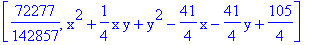 [72277/142857, x^2+1/4*x*y+y^2-41/4*x-41/4*y+105/4]